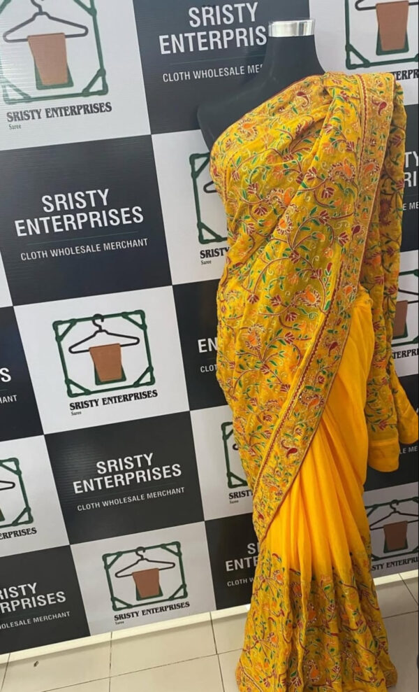 Yellow Siffon full embroidery saree
